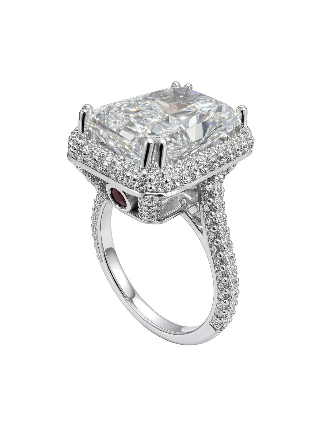 18K White Gold 7CT Lab Radiant F VS1 Diamond , fully loaded basket with  two small rubies and pave setting on shank