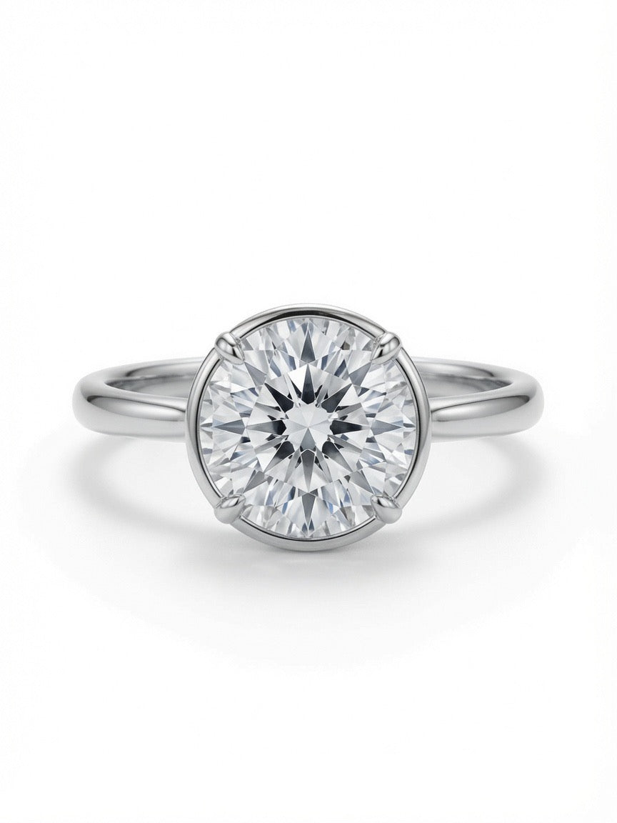14K Gold Solitaire Engagement Ring, 3.02CT Round Cut Lab Diamond Low Bezel Setting