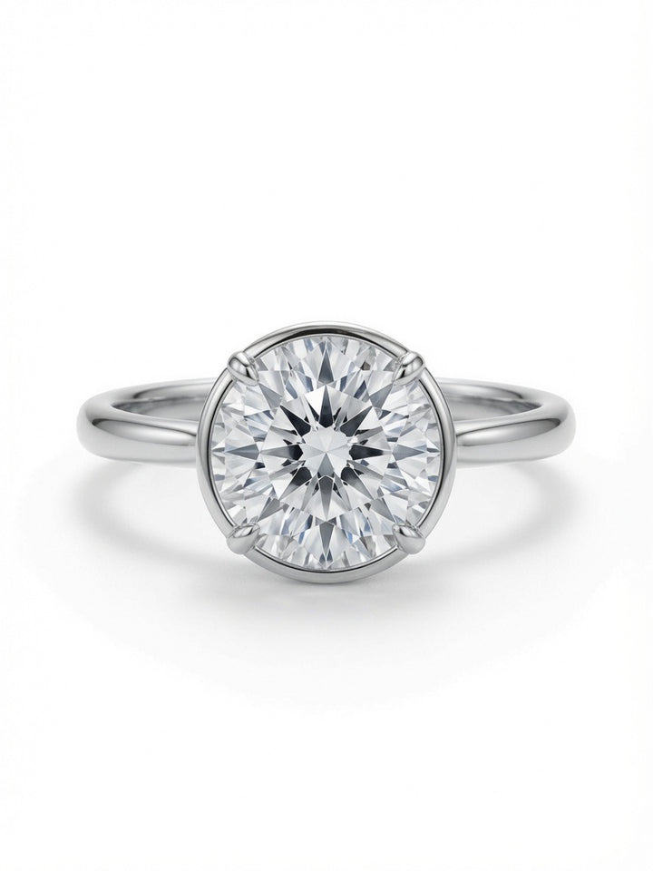 14K Gold Solitaire Engagement Ring, 3.02CT Round Cut Lab Diamond Low Bezel Setting