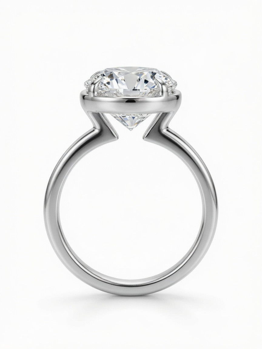 14K Gold Solitaire Engagement Ring, 3.02CT Round Cut Lab Diamond Low Bezel Setting