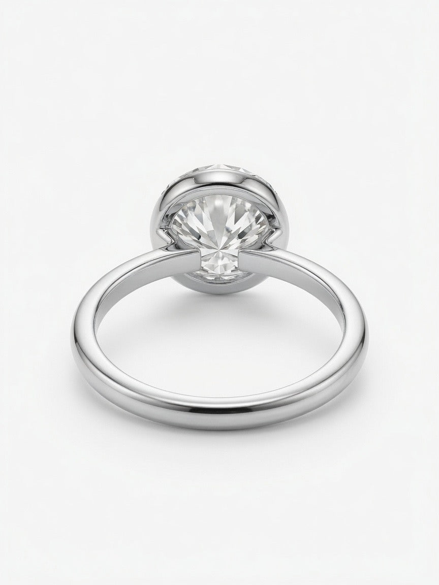 14K Gold Solitaire Engagement Ring, 3.02CT Round Cut Lab Diamond Low Bezel Setting