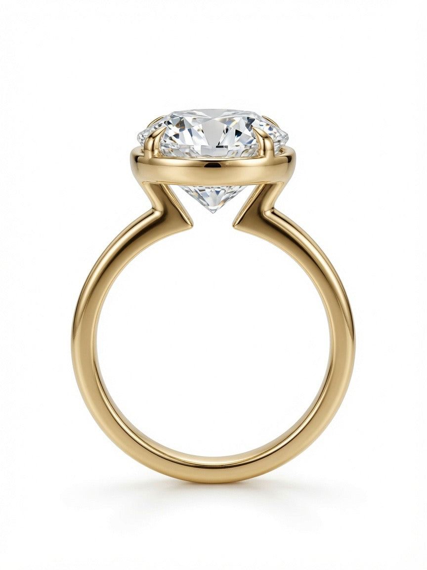 14K Gold Solitaire Engagement Ring, 3.02CT Round Cut Lab Diamond Low Bezel Setting
