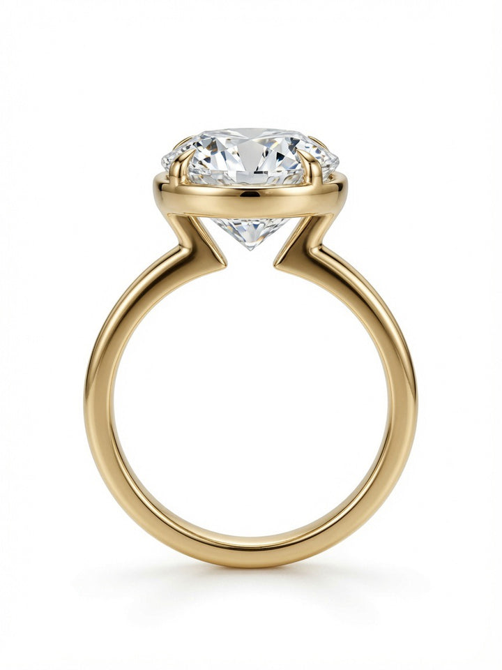 14K Gold Solitaire Engagement Ring, 3.02CT Round Cut Lab Diamond Low Bezel Setting