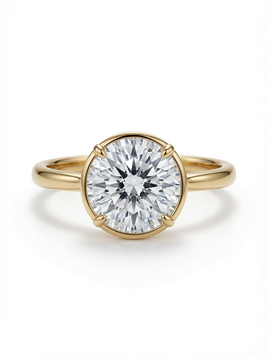 14K Gold Solitaire Engagement Ring, 3.02CT Round Cut Lab Diamond Low Bezel Setting