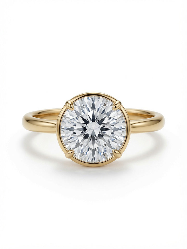 14K Gold Solitaire Engagement Ring, 3.02CT Round Cut Lab Diamond Low Bezel Setting