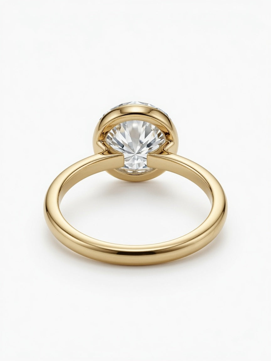 14K Gold Solitaire Engagement Ring, 3.02CT Round Cut Lab Diamond Low Bezel Setting