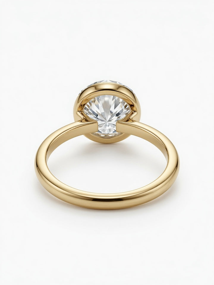 14K Gold Solitaire Engagement Ring, 3.02CT Round Cut Lab Diamond Low Bezel Setting