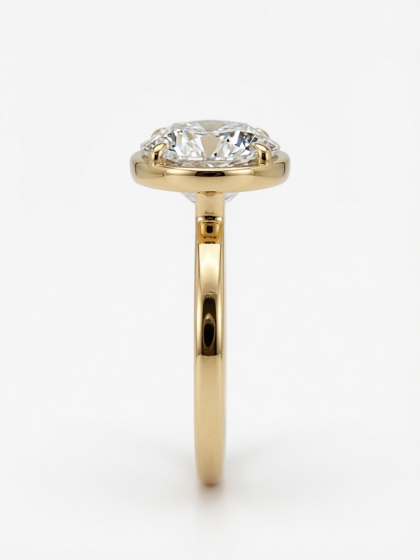 14K Gold Solitaire Engagement Ring, 3.02CT Round Cut Lab Diamond Low Bezel Setting