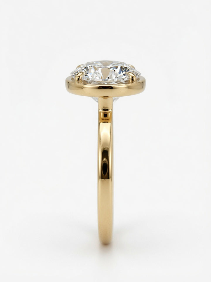 14K Gold Solitaire Engagement Ring, 3.02CT Round Cut Lab Diamond Low Bezel Setting