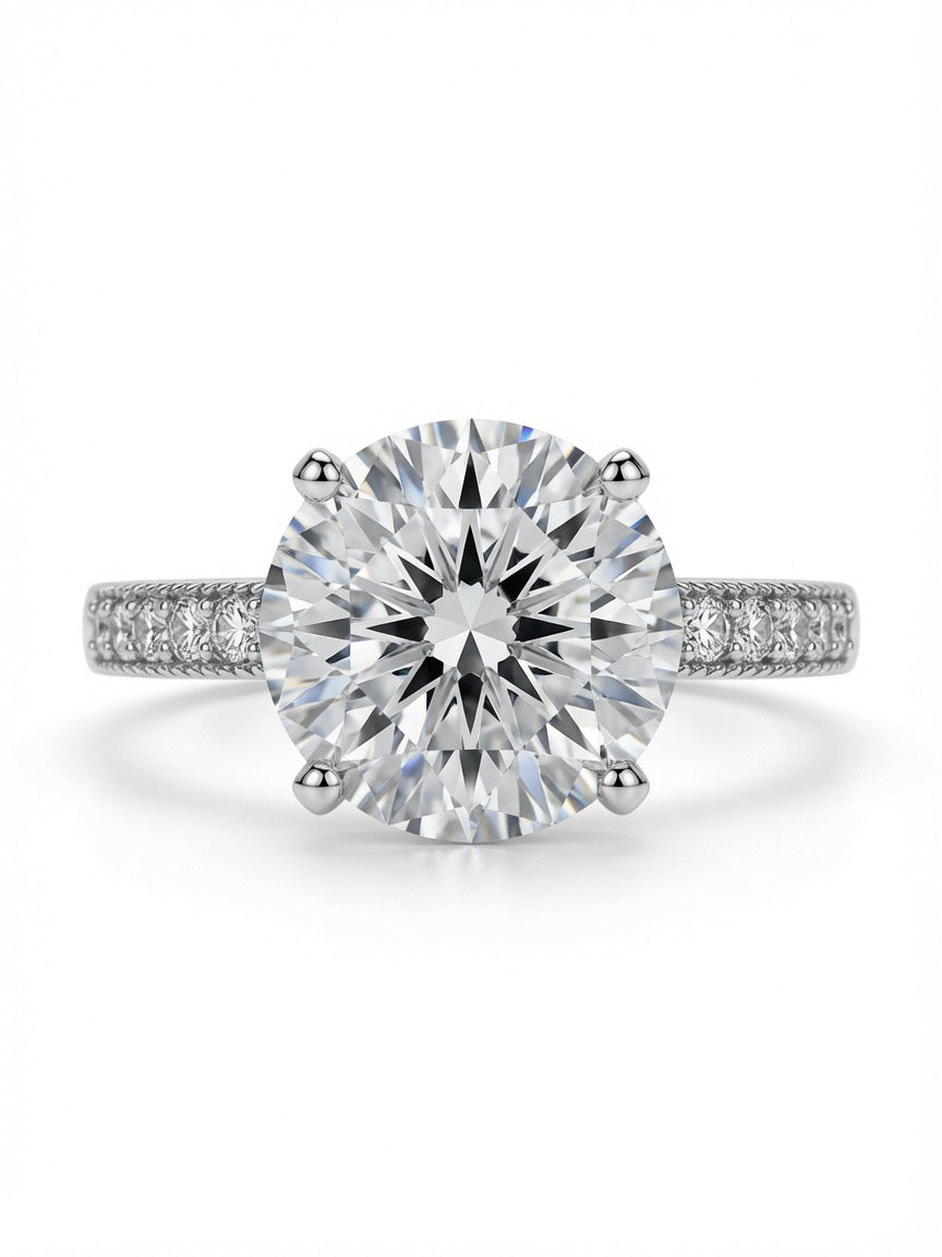 14K Gold Engagement Ring with Round Cut 6.13CT Lab Grown Diamond and 0.41CT Natural Diamonds on band