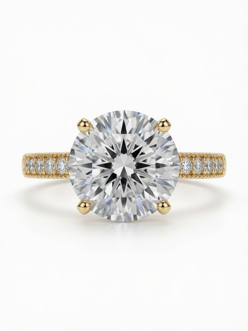14K Gold Engagement Ring with Round Cut 6.13CT Lab Grown Diamond and 0.41CT Natural Diamonds on band