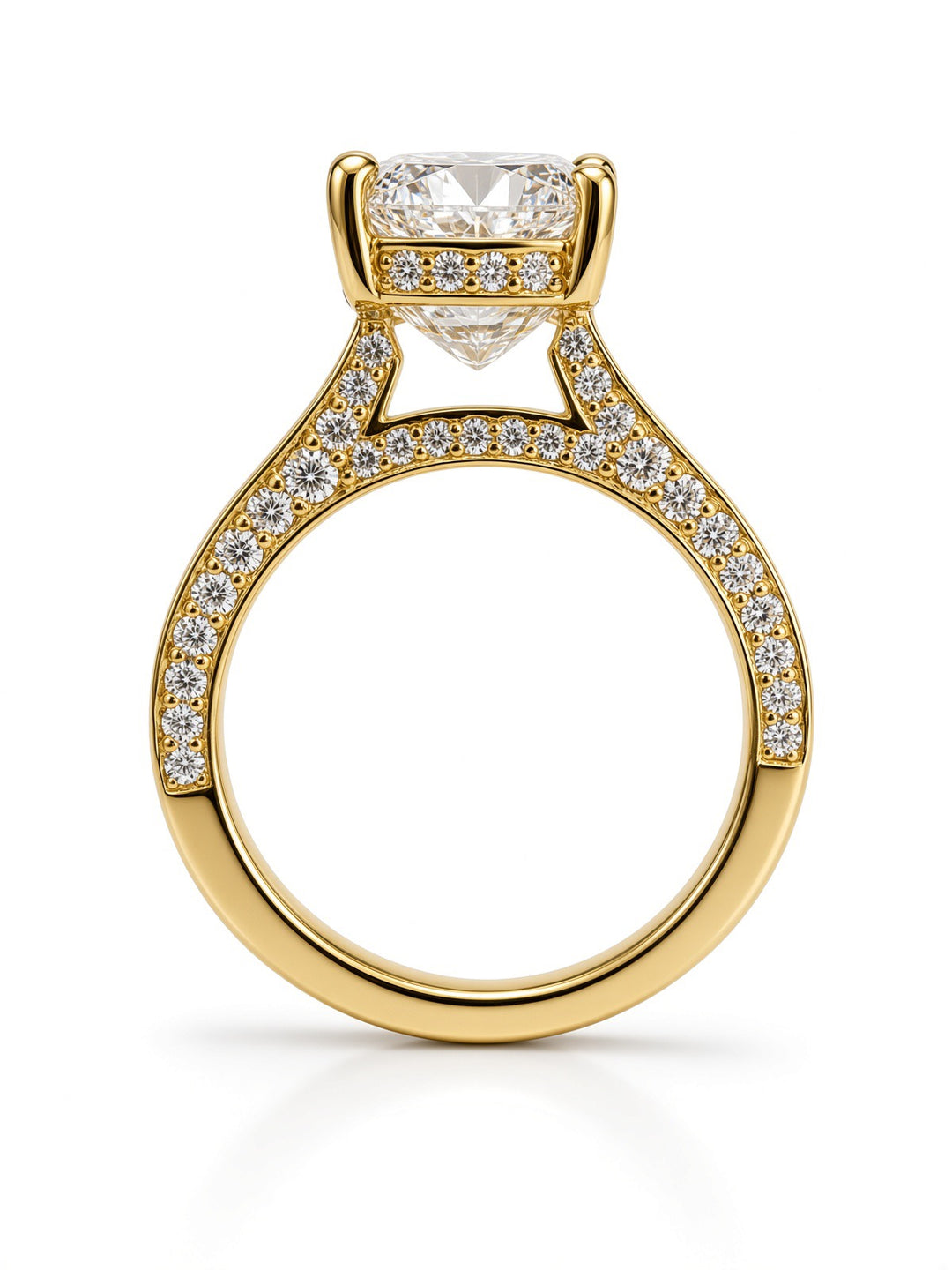 14K Yellow Gold Engagement 3.05CT Elongated Cushion Cut Lab Diamond with Under Halo and Diamonds on Profile