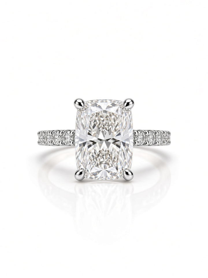 14K Yellow Gold Engagement with 2.54CT Elongated Cushion Lab Diamond in a Classic Four Prong Diamond Band Setting
