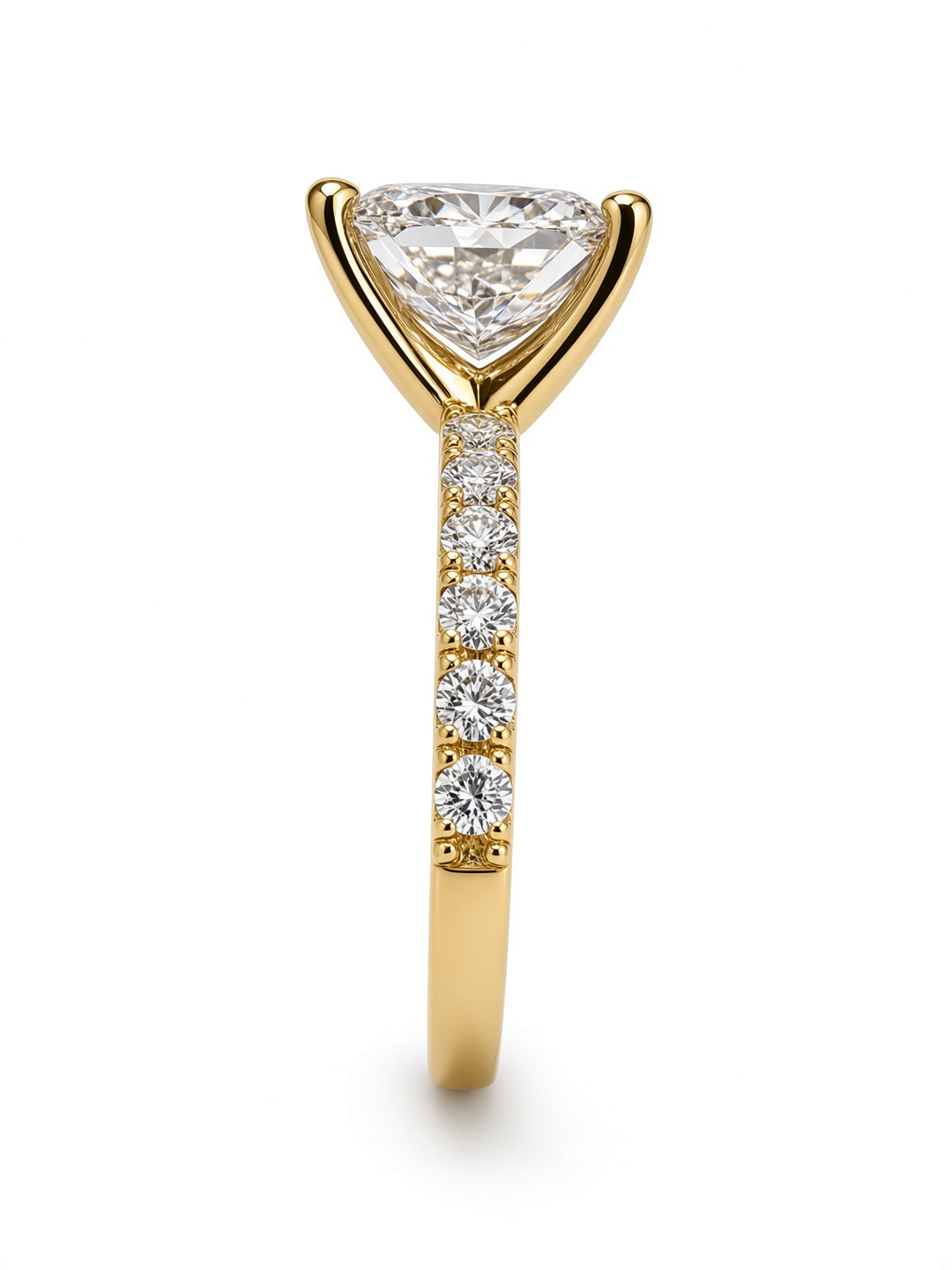 14K Yellow Gold Engagement with 2.54CT Elongated Cushion Lab Diamond in a Classic Four Prong Diamond Band Setting