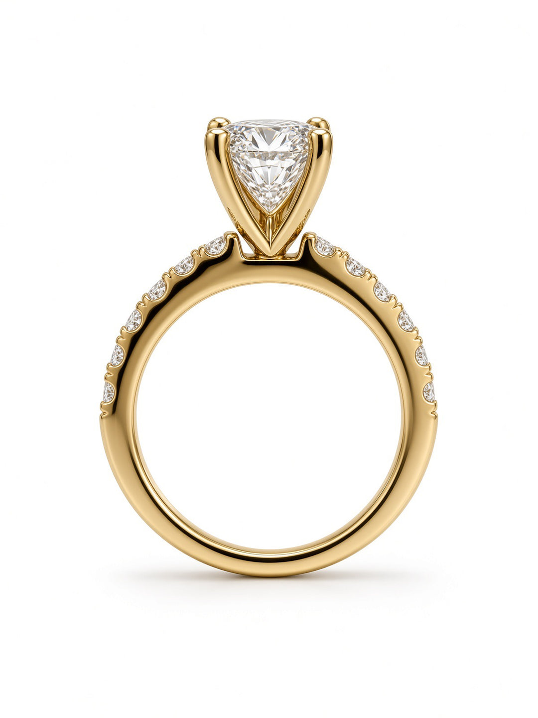 14K Yellow Gold Engagement with 2.54CT Elongated Cushion Lab Diamond in a Classic Four Prong Diamond Band Setting