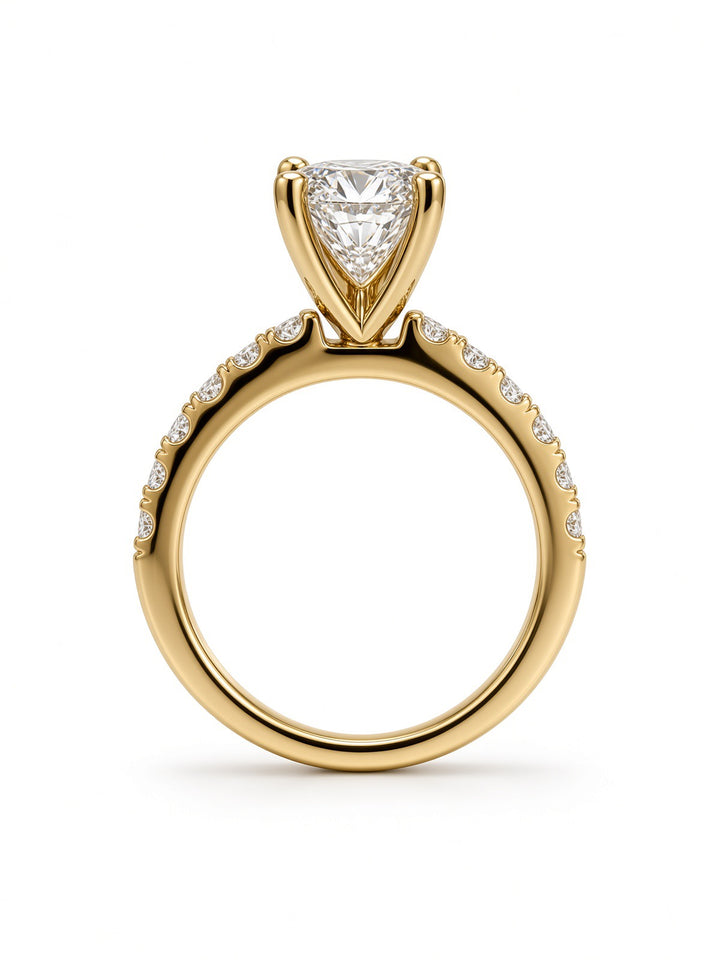 14K Yellow Gold Engagement with 2.54CT Elongated Cushion Lab Diamond in a Classic Four Prong Diamond Band Setting