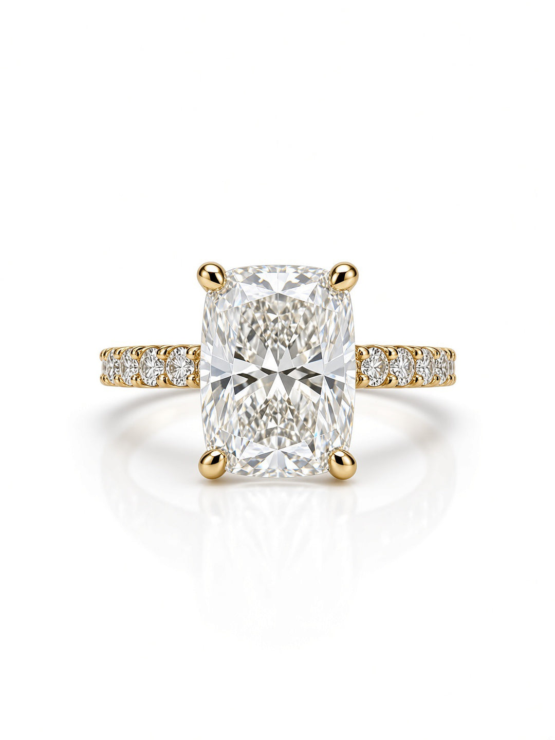 14K Yellow Gold Engagement with 2.54CT Elongated Cushion Lab Diamond in a Classic Four Prong Diamond Band Setting