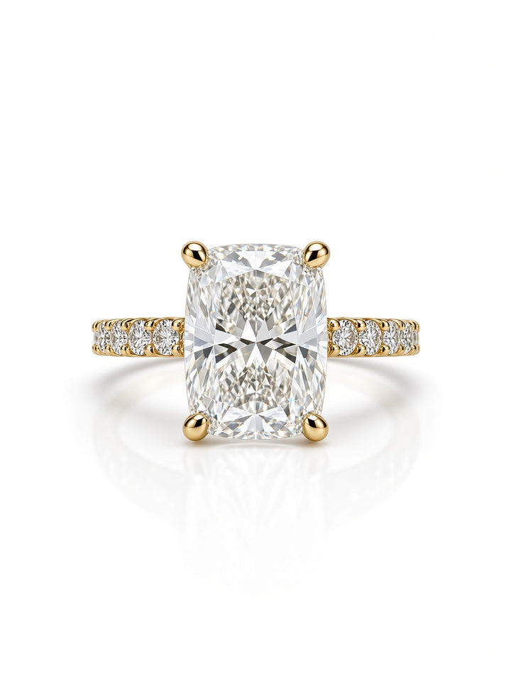 14K Yellow Gold Engagement with 2.54CT Elongated Cushion Lab Diamond in a Classic Four Prong Diamond Band Setting
