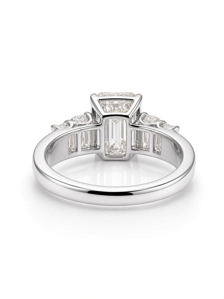 14K White Gold Five Stone Engagement Ring with 6CT Emerald Cut Lab Diamond Center Stone