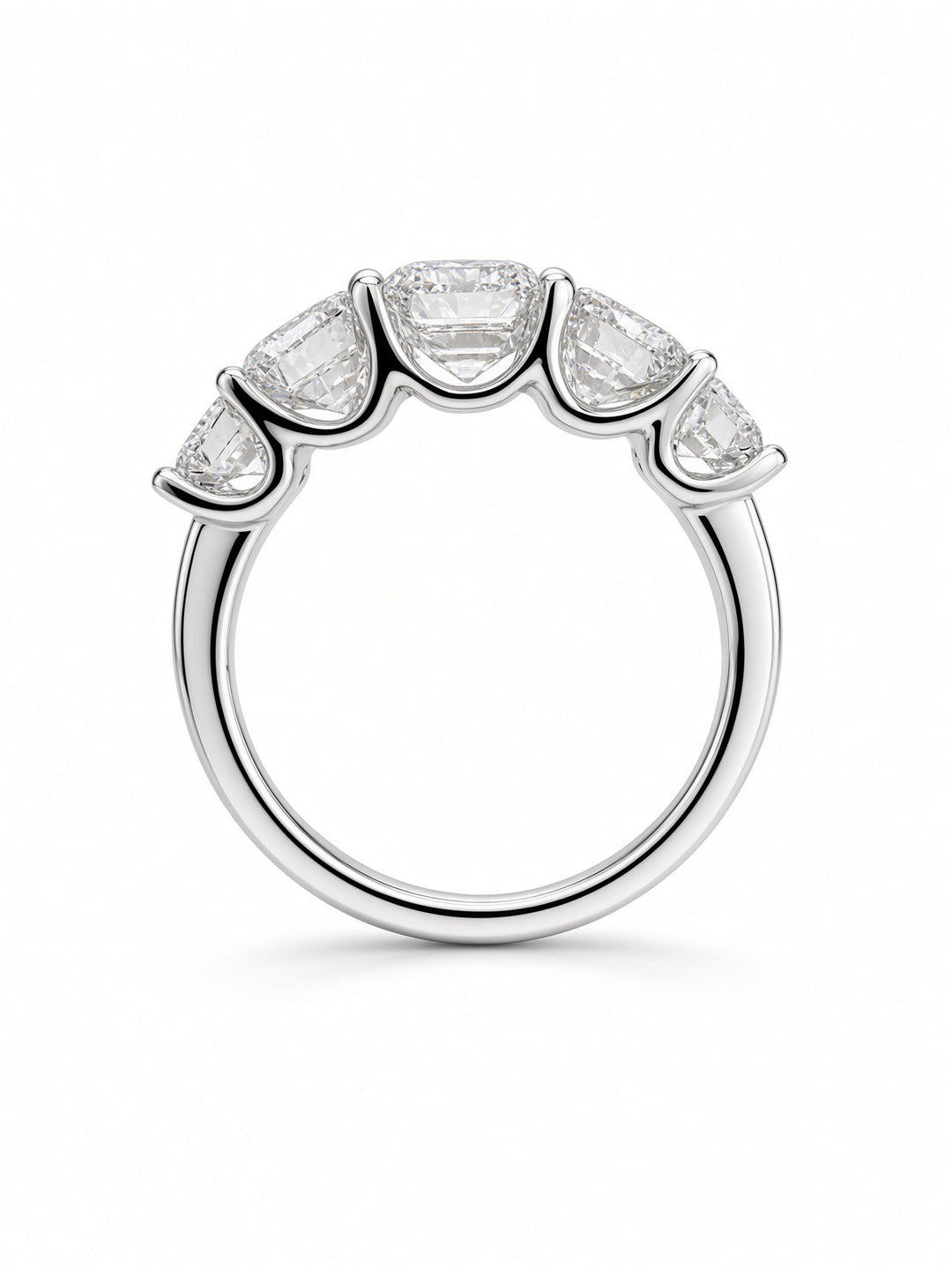 14K White Gold Five Stone U Shaped Engagement Ring with 4.5CT Emerald Cut Lab Diamonds