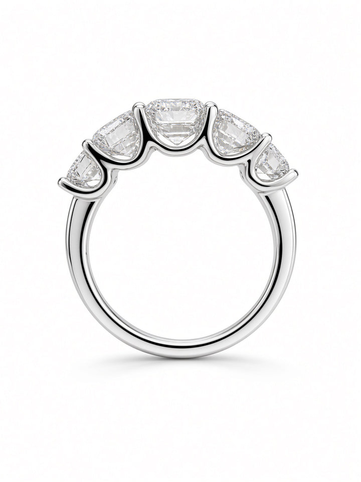 14K White Gold Five Stone U Shaped Engagement Ring with 4.5CT Emerald Cut Lab Diamonds