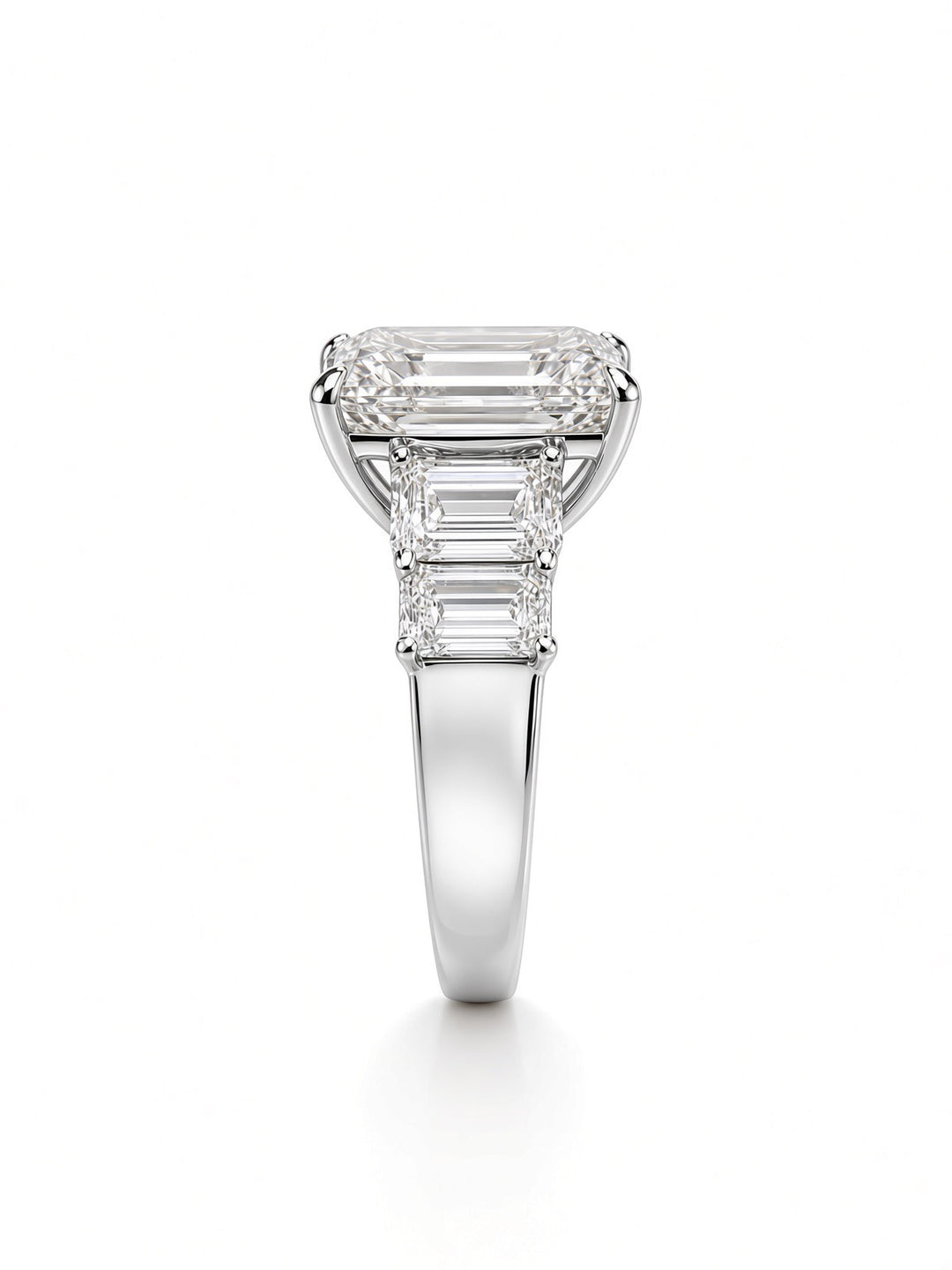 14K White Gold Five Stone Engagement Ring with 6CT Emerald Cut Lab Diamond Center Stone