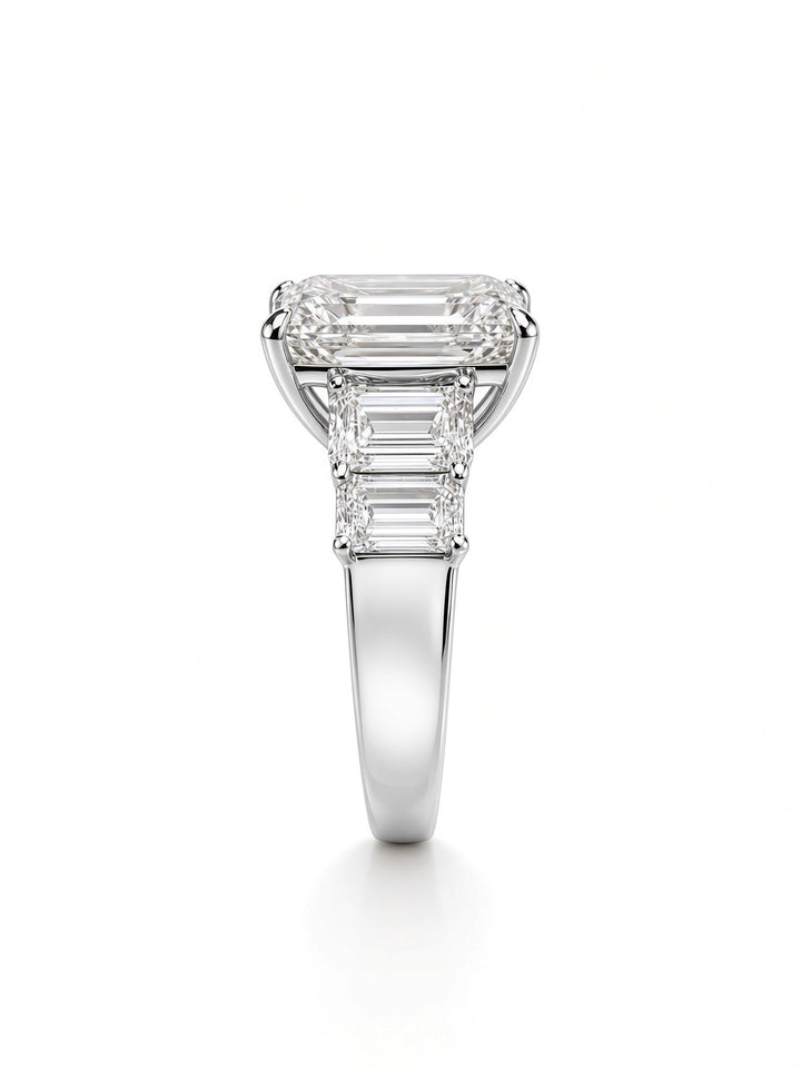 14K White Gold Five Stone Engagement Ring with 6CT Emerald Cut Lab Diamond Center Stone