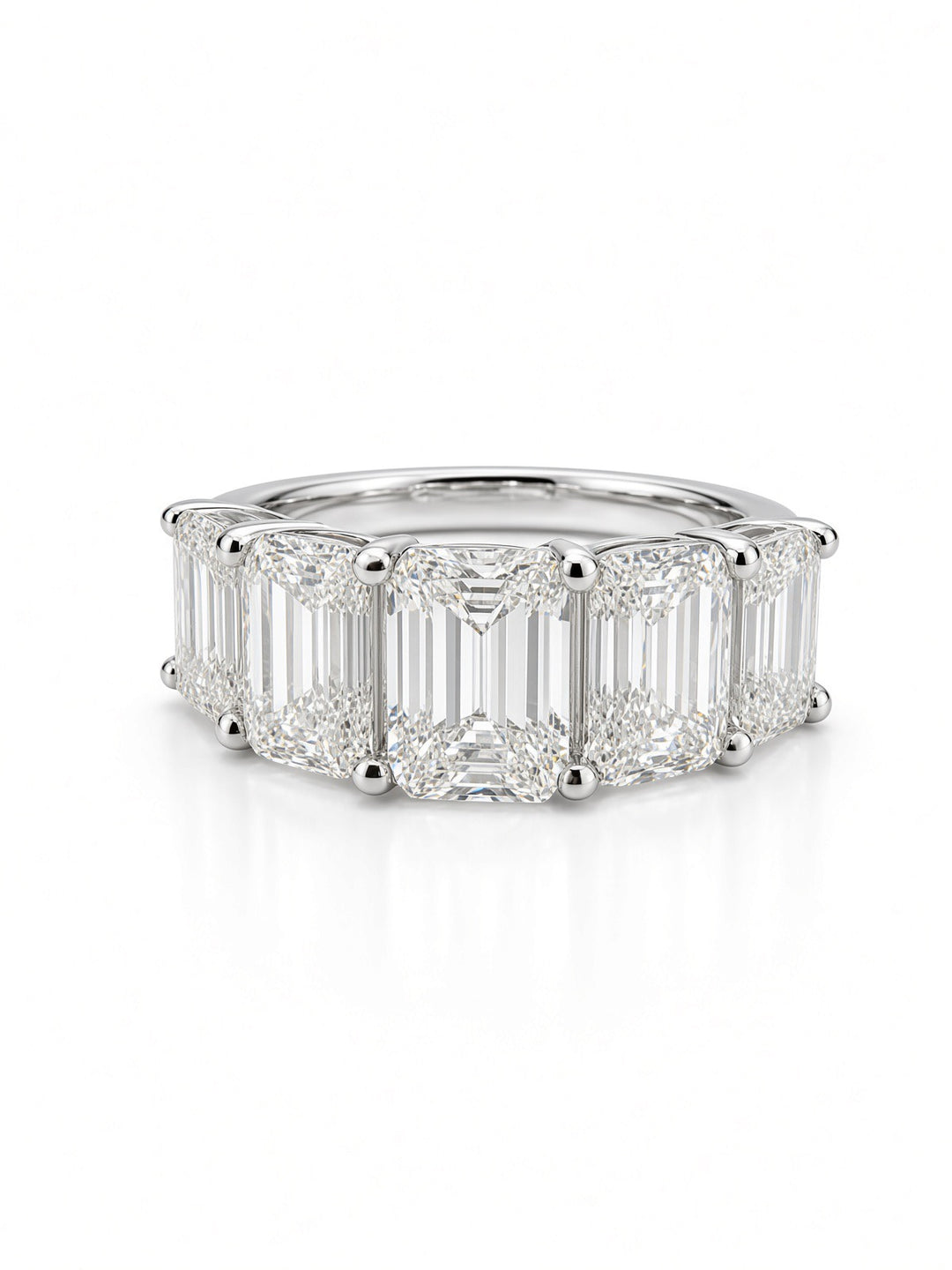 14K White Gold Five Stone U Shaped Engagement Ring with 4.5CT Emerald Cut Lab Diamonds