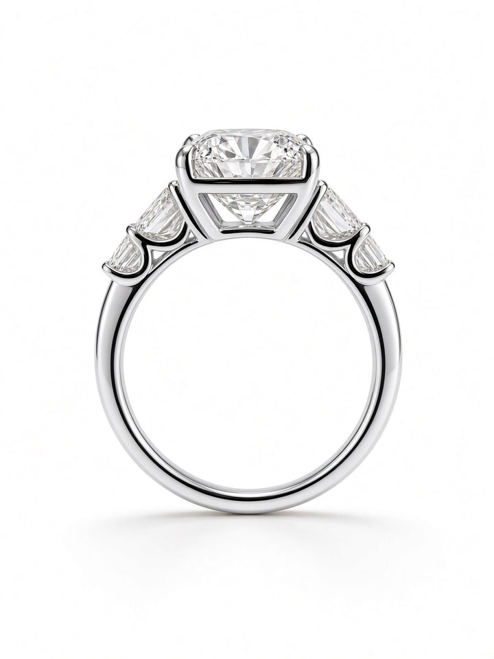 14K White Gold Five Stone Engagement Ring with 6CT Emerald Cut Lab Diamond Center Stone