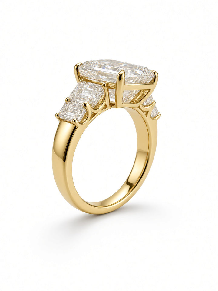 14K White Gold Five Stone Engagement Ring with 6CT Emerald Cut Lab Diamond Center Stone