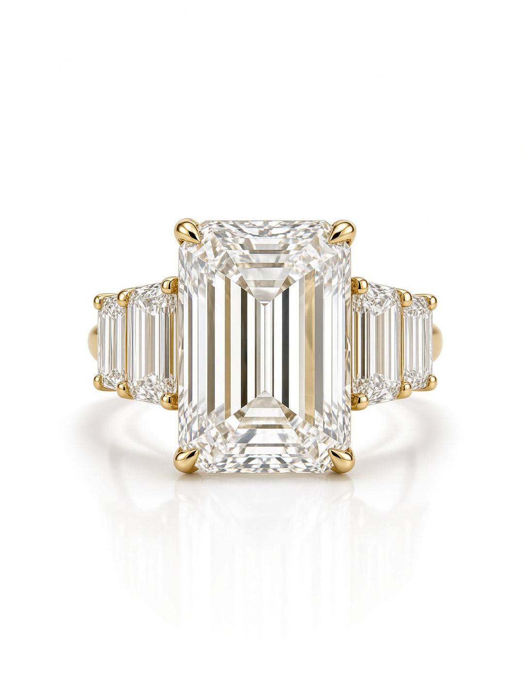 14K White Gold Five Stone Engagement Ring with 6CT Emerald Cut Lab Diamond Center Stone