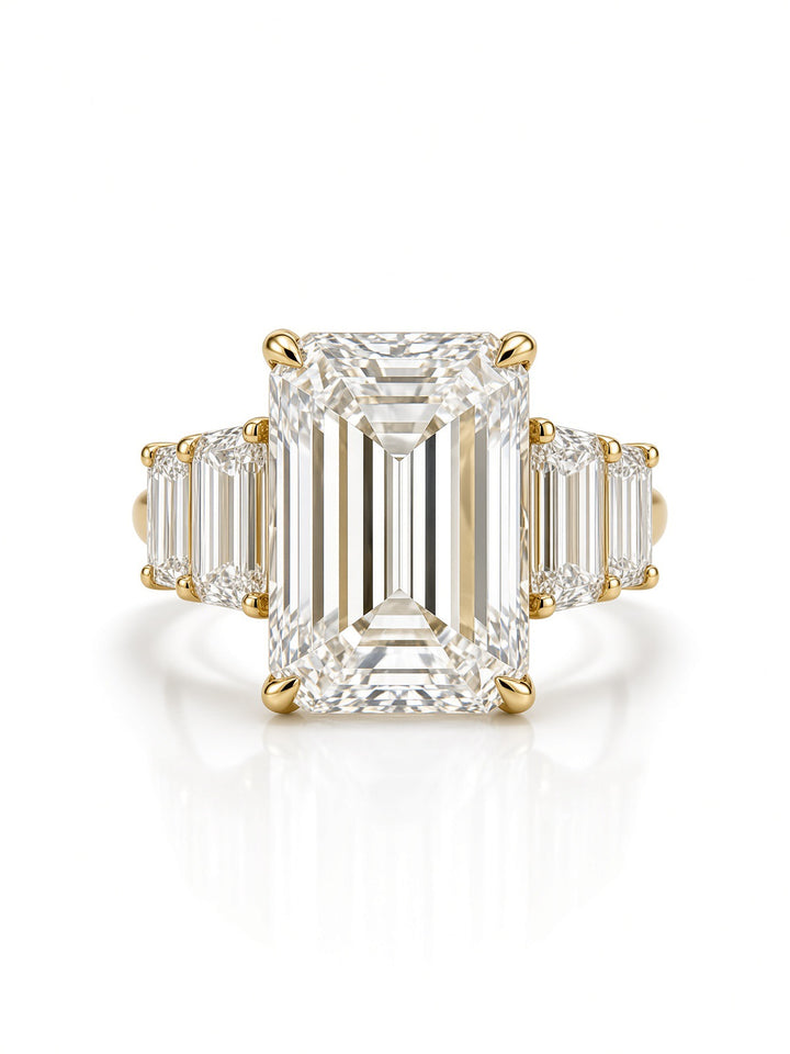 14K White Gold Five Stone Engagement Ring with 6CT Emerald Cut Lab Diamond Center Stone