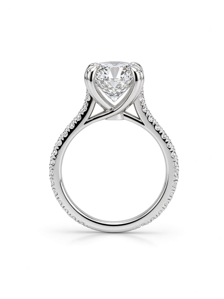 14K Yellow Gold Engagement Ring With 3.08CT Round Cut Lab Diamond in Double Four Prong Setting, With 0.59CT Natural Diamond on the Sides