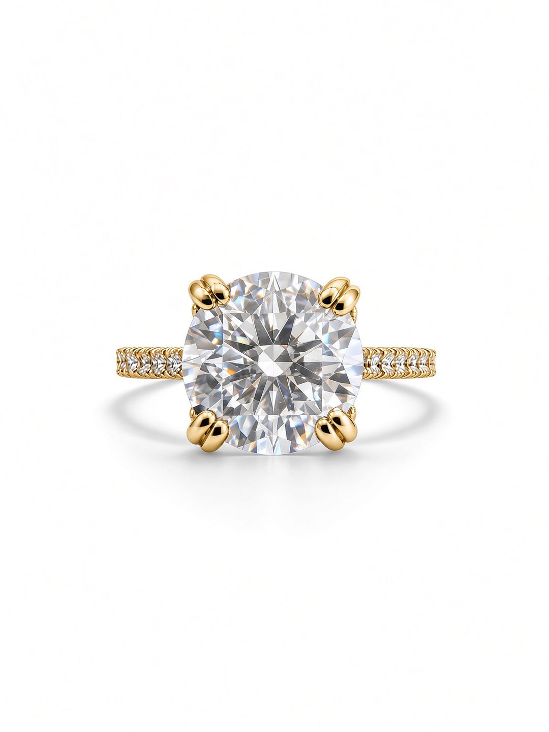 14K Yellow Gold Engagement Ring With 3.08CT Round Cut Lab Diamond in Double Four Prong Setting, With 0.59CT Natural Diamond on the Sides