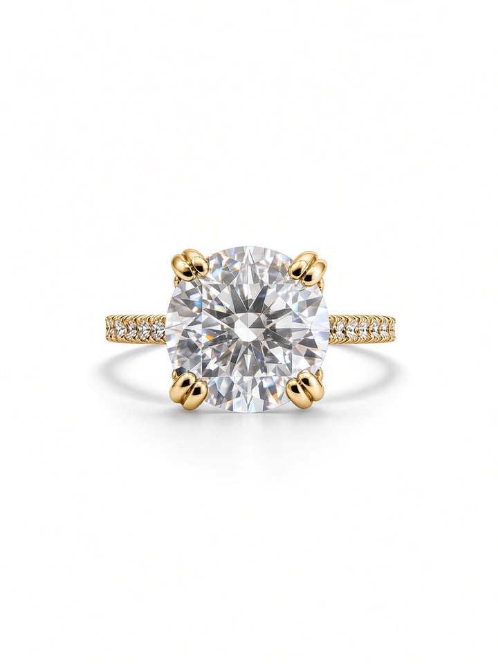 14K Yellow Gold Engagement Ring With 3.08CT Round Cut Lab Diamond in Double Four Prong Setting, With 0.59CT Natural Diamond on the Sides