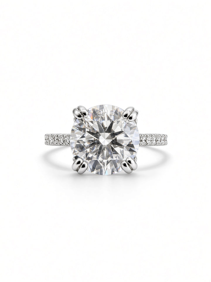 14K Yellow Gold Engagement Ring With 3.08CT Round Cut Lab Diamond in Double Four Prong Setting, With 0.59CT Natural Diamond on the Sides