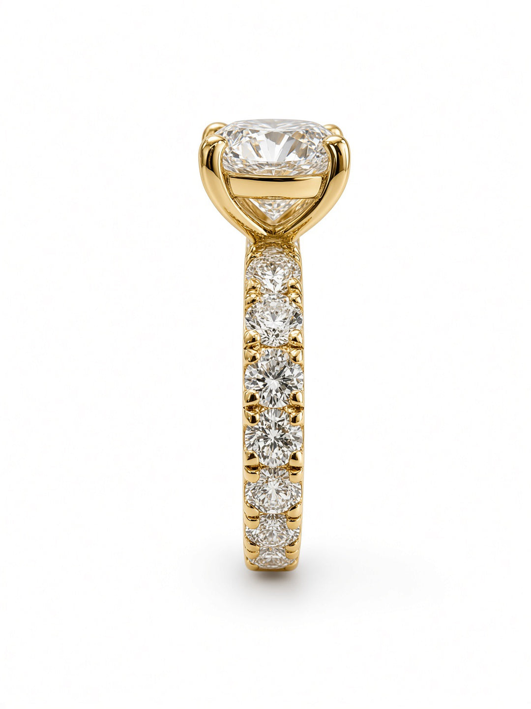 14K Yellow Gold Engagement 2.70CT Round Cut Lab Diamond set in a Four Prong Basket, and 1.55CT on Band