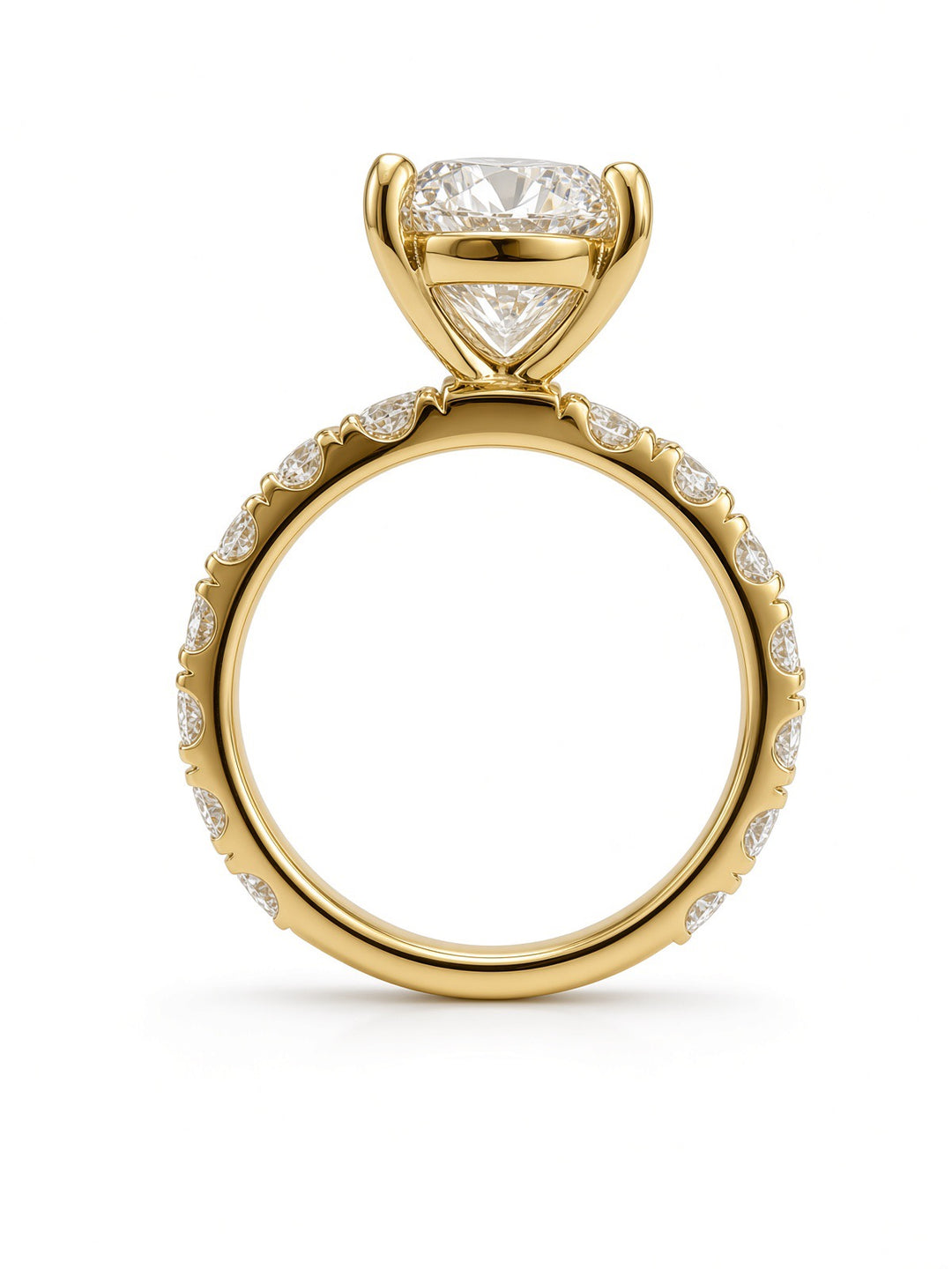 14K Yellow Gold Engagement 2.70CT Round Cut Lab Diamond set in a Four Prong Basket, and 1.55CT on Band