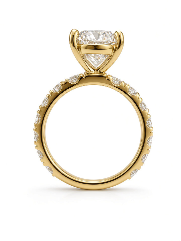 14K Yellow Gold Engagement 2.70CT Round Cut Lab Diamond set in a Four Prong Basket, and 1.55CT on Band