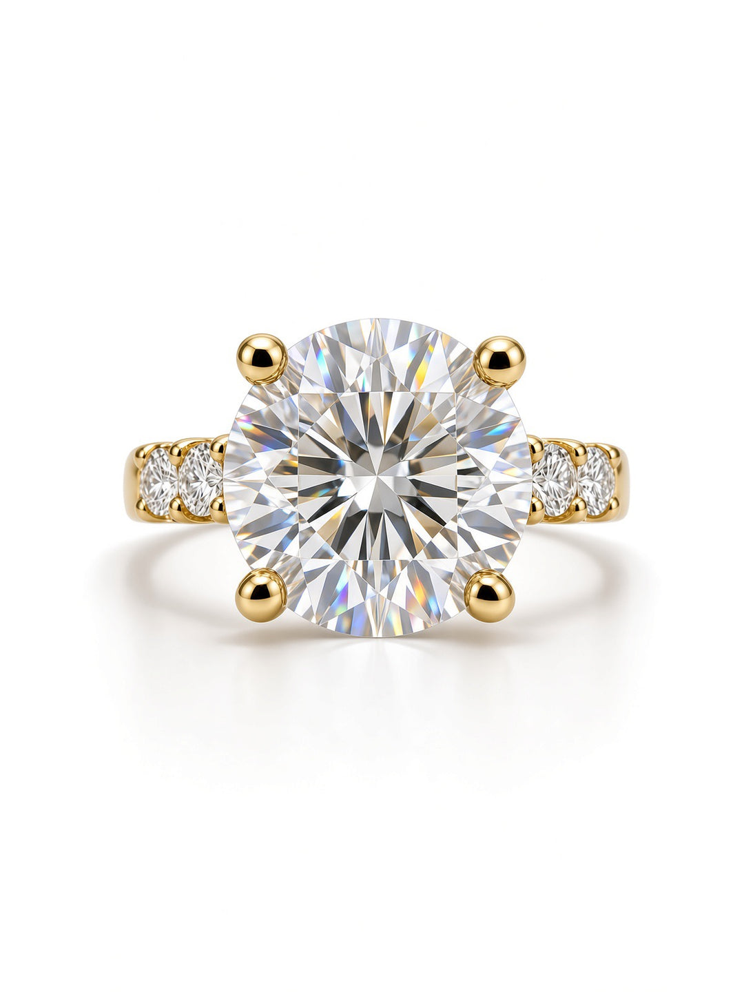 14K Yellow Gold Engagement 2.70CT Round Cut Lab Diamond set in a Four Prong Basket, and 1.55CT on Band