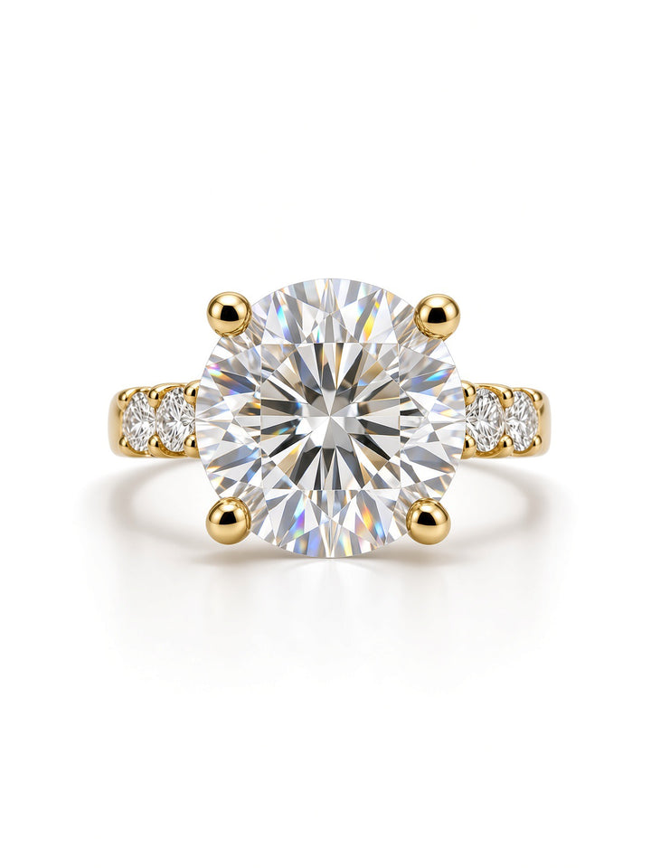 14K Yellow Gold Engagement 2.70CT Round Cut Lab Diamond set in a Four Prong Basket, and 1.55CT on Band
