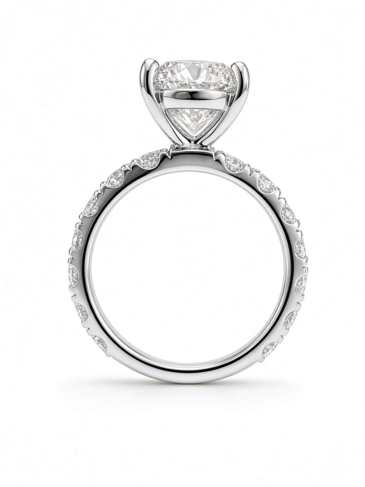 14K Yellow Gold Engagement 2.70CT Round Cut Lab Diamond set in a Four Prong Basket, and 1.55CT on Band