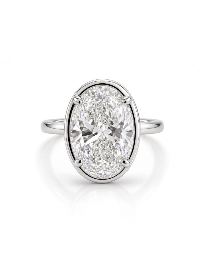 14K Gold Engagement Ring with 3.04CT Oval Lab Diamond in Low Bezel Four-Prong Setting