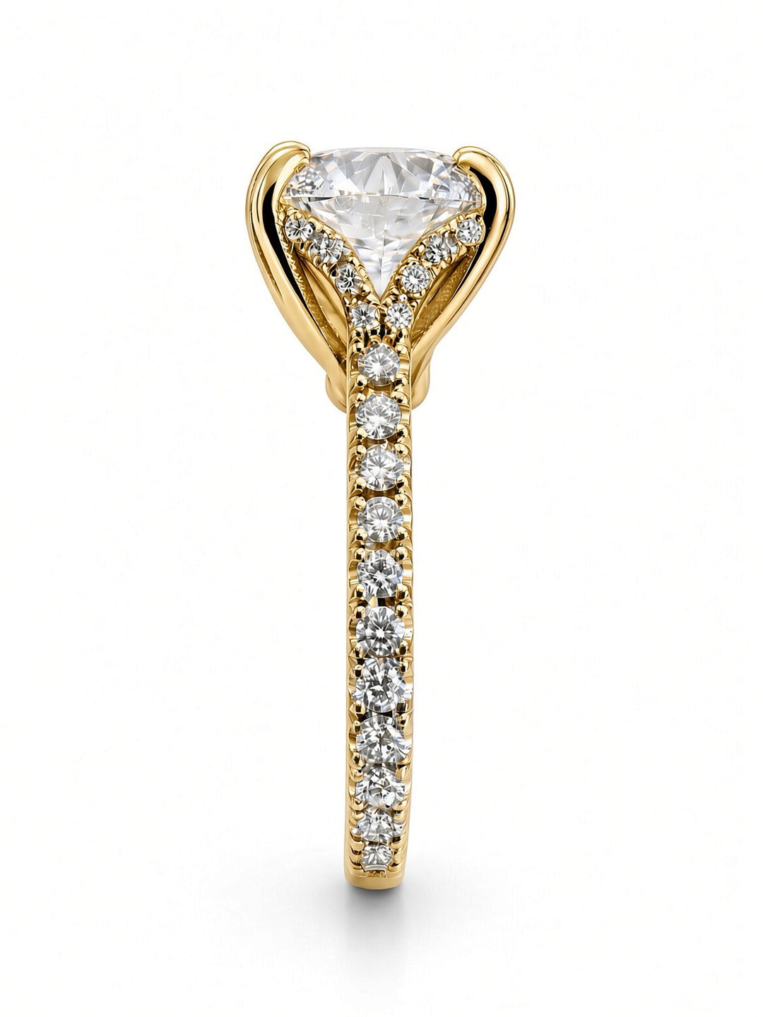 14K Yellow Gold Engagement Ring With 3.08CT Round Cut Lab Diamond in Double Four Prong Setting, With 0.59CT Natural Diamond on the Sides