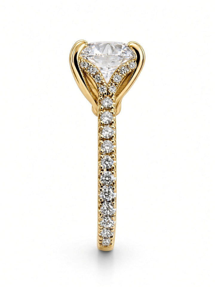 14K Yellow Gold Engagement Ring With 3.08CT Round Cut Lab Diamond in Double Four Prong Setting, With 0.59CT Natural Diamond on the Sides