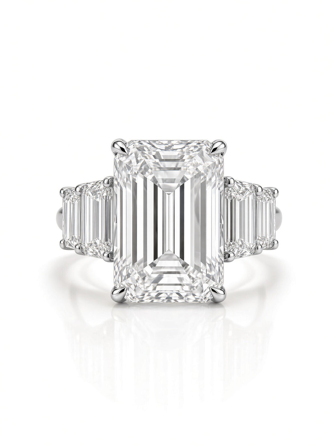 14K White Gold Five Stone Engagement Ring with 6CT Emerald Cut Lab Diamond Center Stone