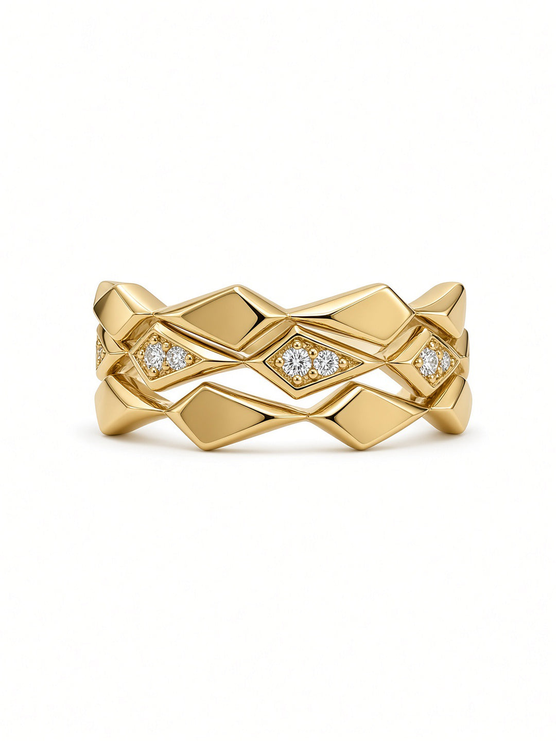 14K Gold Triple Ring Stack with 0.09 CT Lab Diamonds