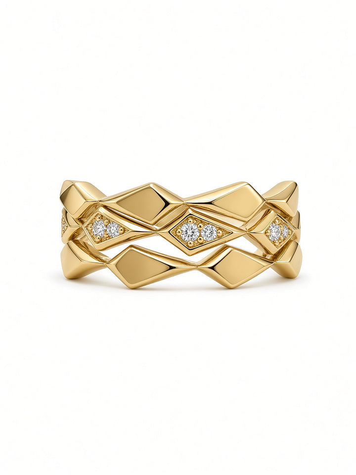 14K Gold Triple Ring Stack with 0.09 CT Lab Diamonds