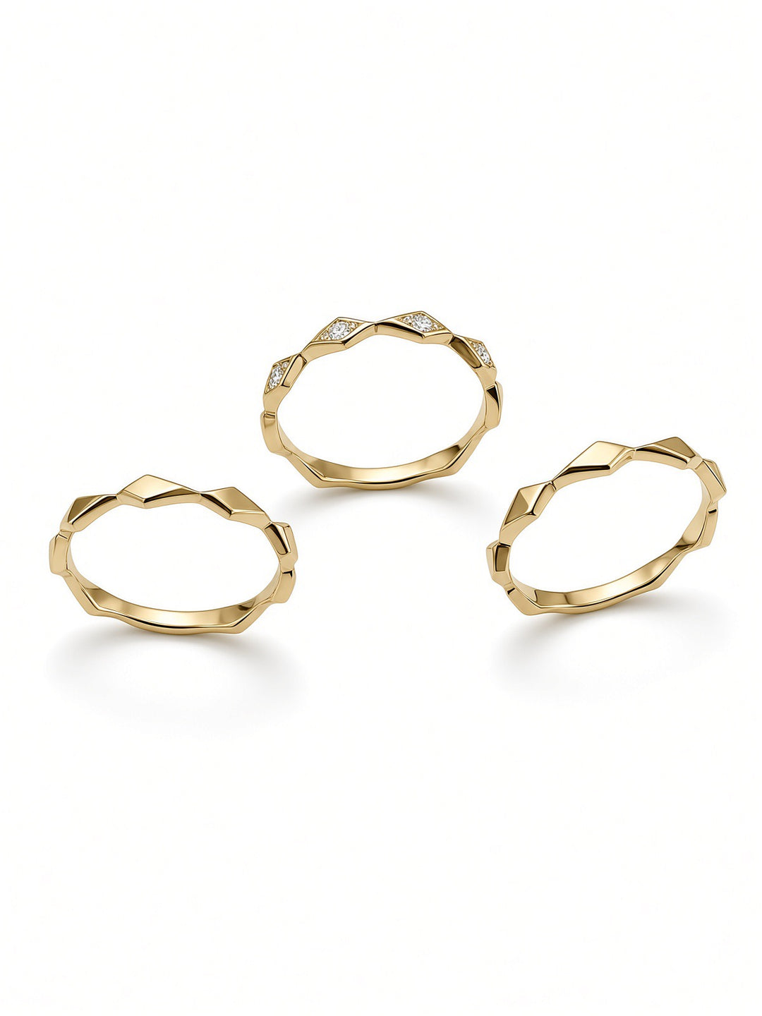 14K Gold Triple Ring Stack with 0.09 CT Lab Diamonds