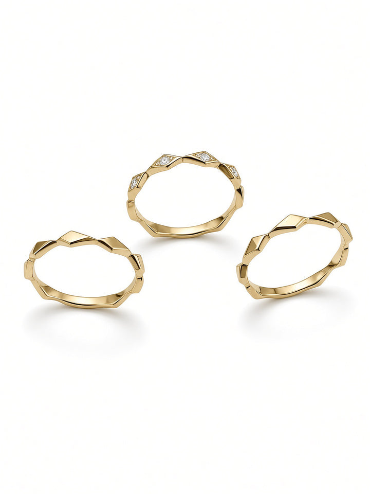 14K Gold Triple Ring Stack with 0.09 CT Lab Diamonds